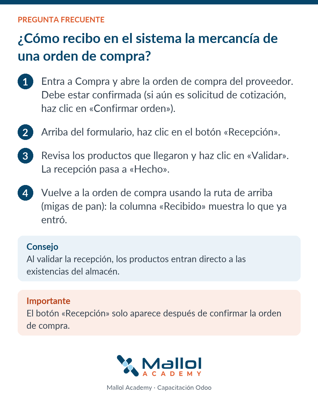 ¿Cómo recibo en el sistema la mercancía de una orden de compra?