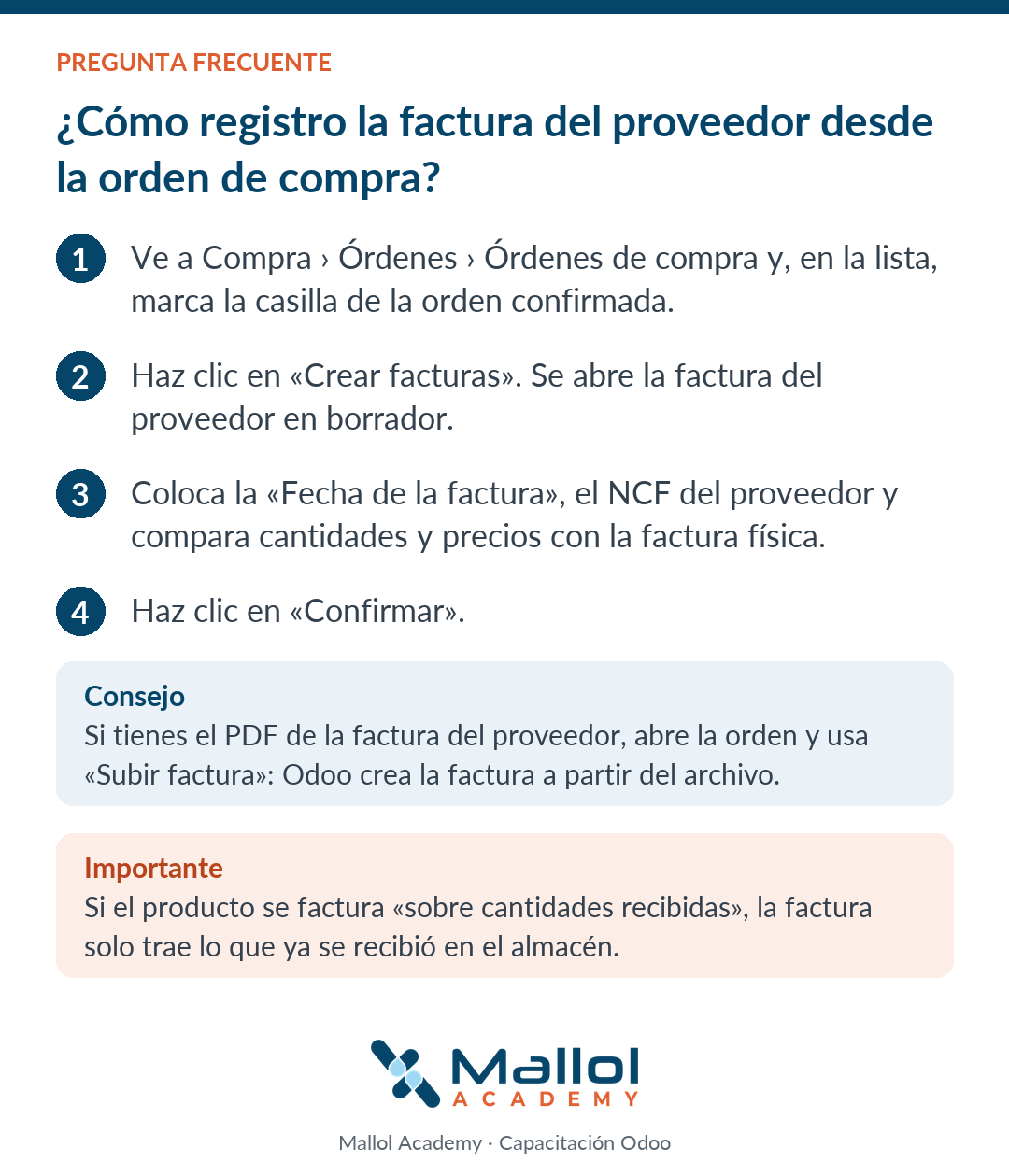¿Cómo registro la factura del proveedor desde la orden de compra?
