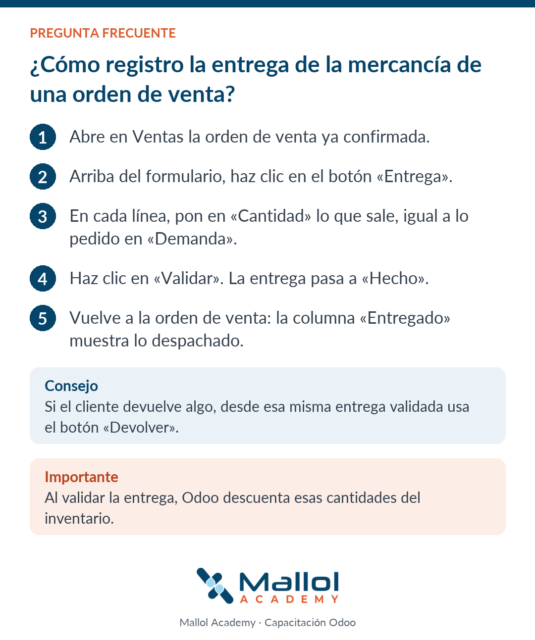 ¿Cómo registro la entrega de la mercancía de una orden de venta?