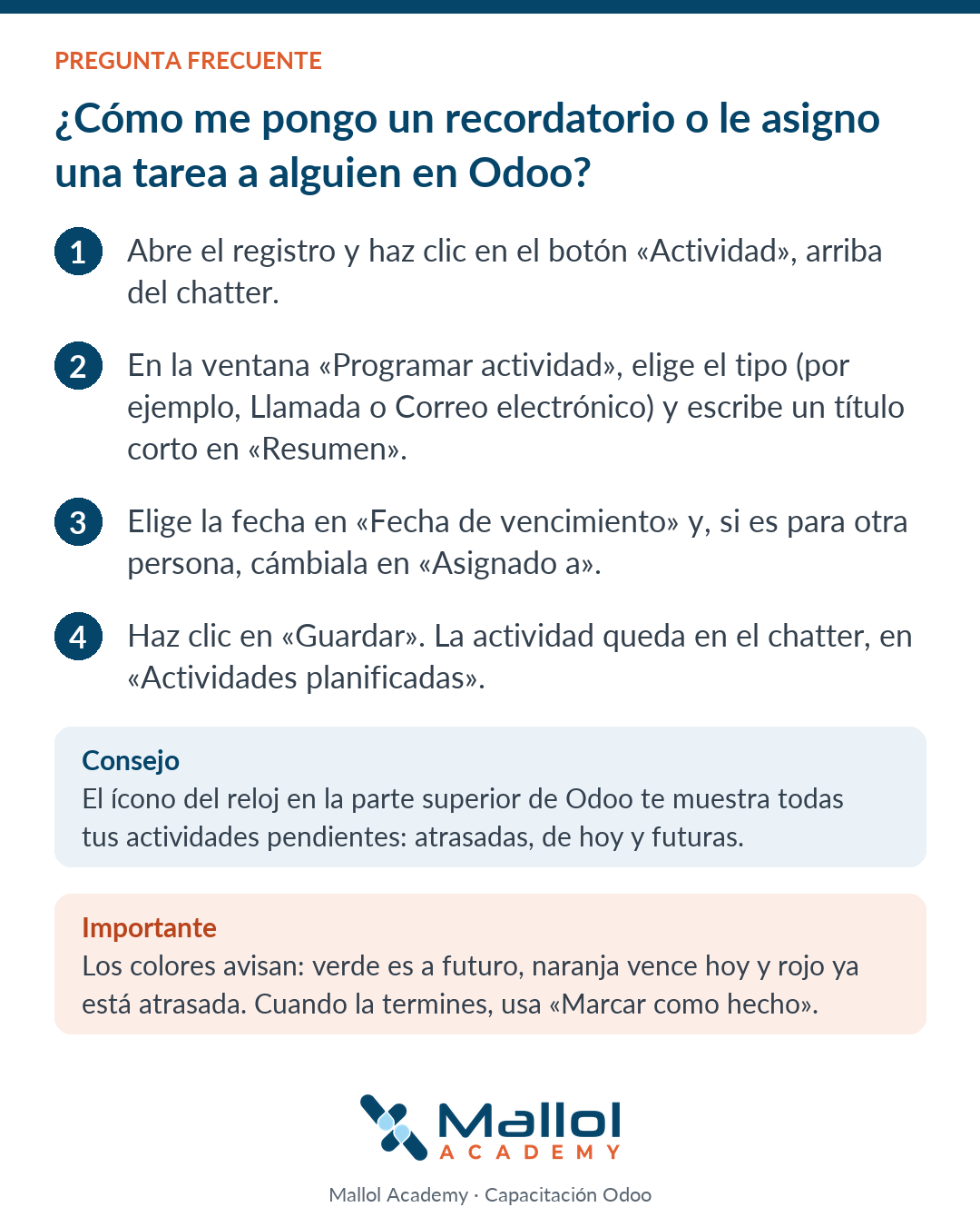 ¿Cómo me pongo un recordatorio o le asigno una tarea a alguien en Odoo?
